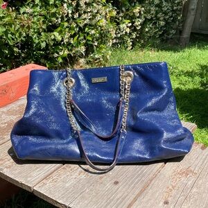 Kate Space Navy Blue Coated Leather Chain Strap Shoulder Tote Bag Textured Shine